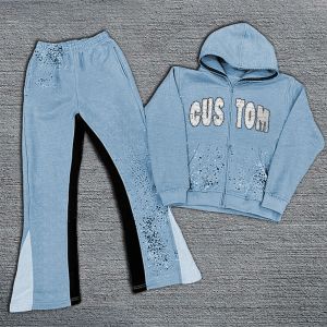 Manufacturer Custom Rhinestone Full Face Zip Up Hoodie Patch full zip Sweatpants And zipper Hoodies Sets For Men