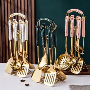 Kitchen Utensil Set Ceramic Handle Golden Stainless Steel Luxury Elegant Customized