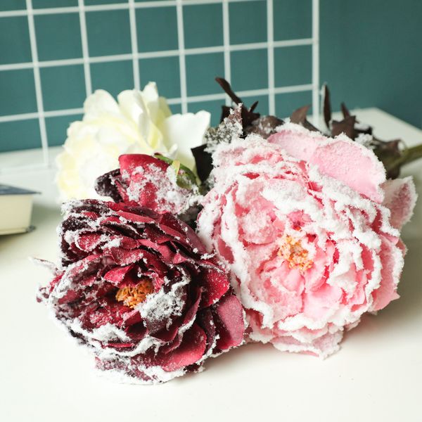 D-PE002 Factory wholesale Artificial Peonies Flowers with Snow Christmas Snow Peony Flowers for Winter Christmas Home Decoration