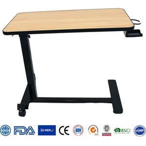 Hospital Bed Adjustable Wooden Overbed Table with Casters Movable Dining Table