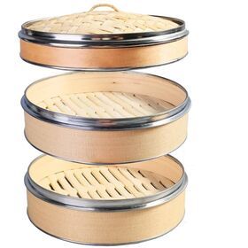 2 Tier Kitchen Bamboo Steamer Double Stainless Steel Banding for Asian Cooking Buns Dumplings Vegetables Fish Rice