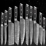 10 PCS Kitchen Knives Set Stainless Steel Laser Damascus Pattern Pakkawood Handle Boning Bread Santoku Chef Knife