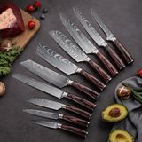 Hot Sale 10 PCS Damascus Pattern 4Cr13 Stainless Steel Pakkawood Handle Chef Knife Bread Slicing Kitchen Knives Set