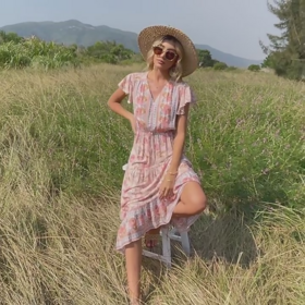 2023 Women Clothing Short Sleeve Beach Bohemian Dresses Ladies V Neck Floral Maxi Casual Boho Dress