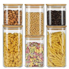 Set of 6 Plastics Airtight Storage Canister with Bamboo Lid Clear Food Storage Container Kitchen Pantry Storage JarPopular