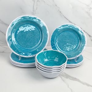 Organizador de vajilla melamina dinner plate set blue 12pcs set melamine dinnerware camping dish set