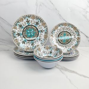 Hot sale bohemian style custom printed pattern decoration round platter melamine dinner plate bowl set for home restaurant