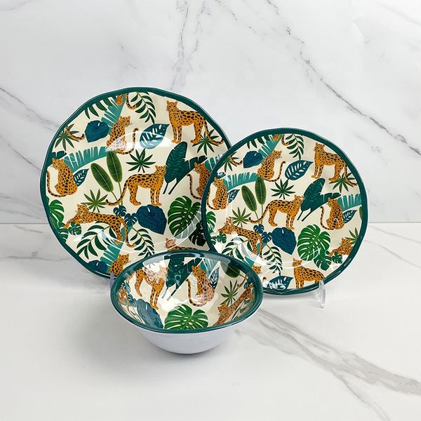 Summer Style creative leopard banana leaf design 12pcs melamine dinnerware set for camping family dining plate platter bowl sets