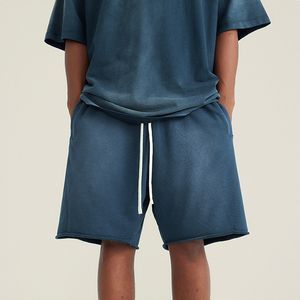 Custom Unisex Blue Washed Sweat Shorts Raw Edge French Terry Fleece Heavy Cotton Casual Mens Run Fitness Vintage Acid Wash Short