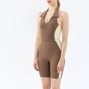Custom Logo Women Halter Deep V-Neck Open Back Breathable Quick Dry Fitness Shorts Set Yoga Jumpsuit