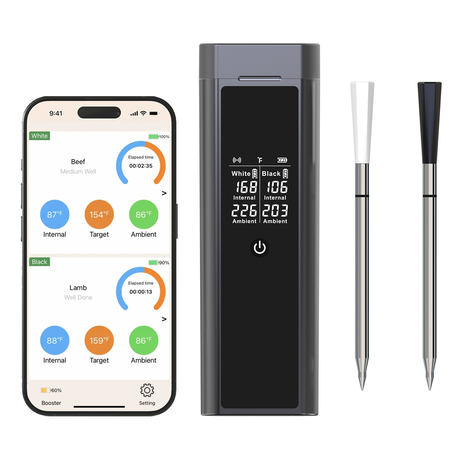 IP67 Waterproof Wireless Smart Thermometer with Dual Probe Digital Meat Thermometer for Kitchen Food Cooking Outdoor BBQ GRILL
