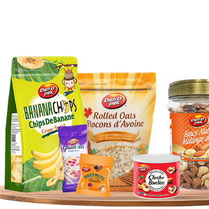 Banana Chips, Rolled Oats, Granola, Daily Nuts, Cluster Bouchées, Fancy Nut Mix, Premium Pistachios