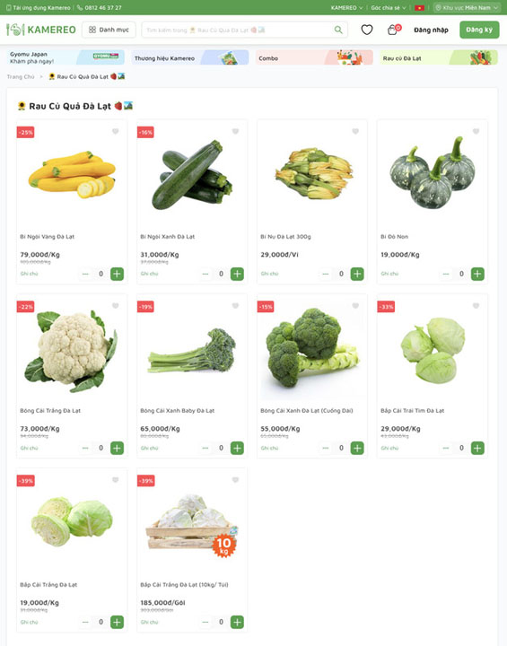 Vegetables and fruits on the website