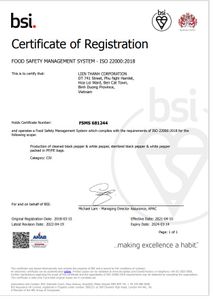 ISO 22000:2018 Certificate for black pepper and white pepper production