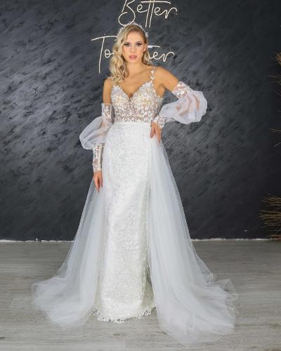 Mila - Column wedding dress with detachable skirt and balloon sleeves