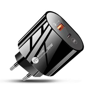 High quality OEM 36W PD+QC 3.0 Fast Charger Quick Wall Charger Dual Fast Travel Charger with EU/US/UK plug