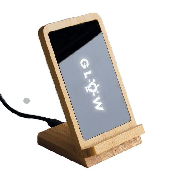 Custom LED Logo Wood Bamboo Phone Stand 5W & 15W Fast Wireless Charger for Mobile Phones Desktop Charger