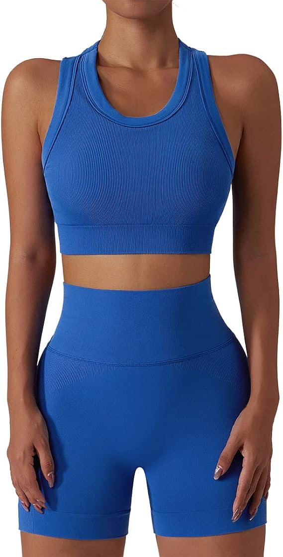 Workout Sets for Women 2 Piece Seamless Ribbed Tank Top Sport Bra High Waist Biker Shorts GYM Yoga Exercise Outfits