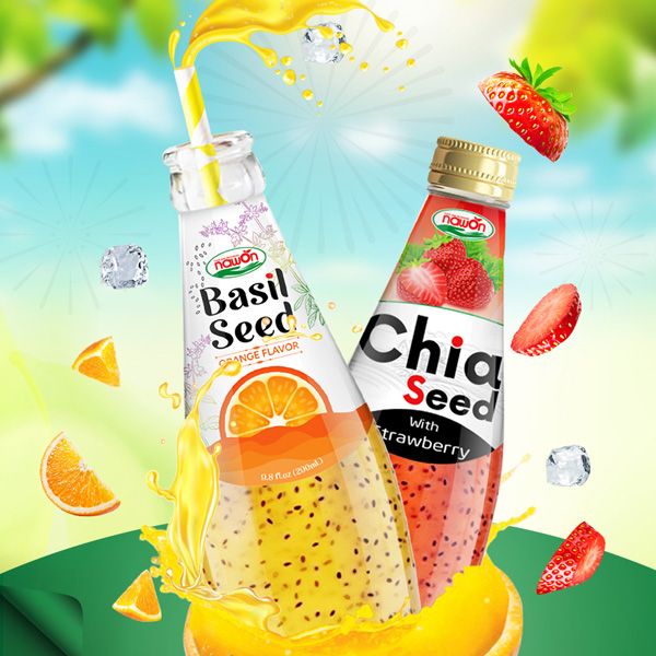 Orange flavored and strawberry flavored chia seed drink