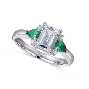 Customize White Gold Plating Engagement Ring Colorless Emerald Cut Synthetic Lab-Grown Gemstone Women Ring