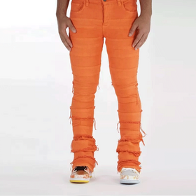 Wholesale Custom Men's Pants Flared Mens Denim Ripped Yellow Dye Jeans Stacked Fit Trousers Men Jeans
