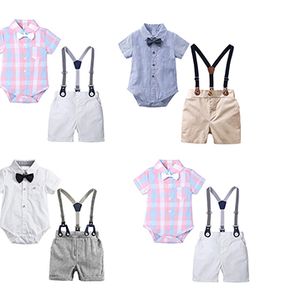 Summer toddler boys formal shirts rompers shorts clothes kids bow tie gentleman suit infant overalls