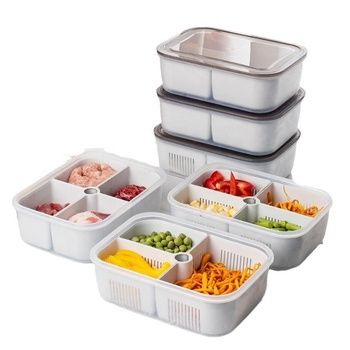 Kitchen Fridge Organizer Microwaveable Crisper Drain Box Plastic Food Storage Meal Prep Containers with Removable Compartments