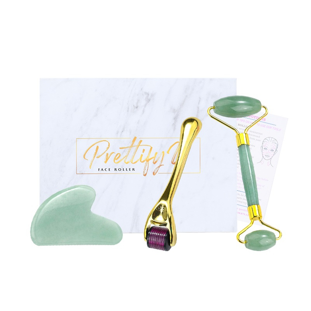 Natural Green Aventurine Jade Roller Set Wholesale Derma Microneedling Facial Jade Roller and Gua sha Set Tool Supplier