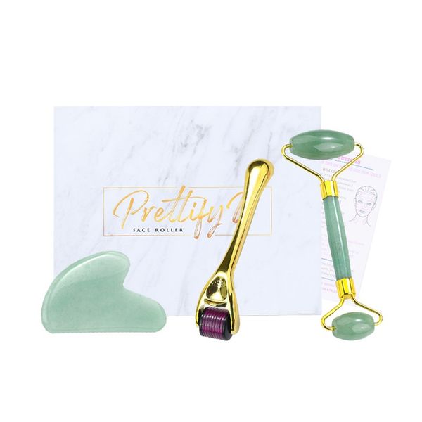 Natural Green Aventurine Jade Roller Set Wholesale Derma Microneedling Facial Jade Roller and Gua sha Set Tool Supplier