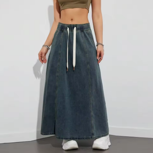 2025 Fashion Women's Denim Long Skirts Elastic Drawstring High Waist a Line Flare Jean Skirt for Spring Fall Y2K Streetwear