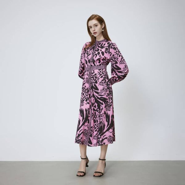 Pink Placket Long Sleeve Bohemian Midi Dress