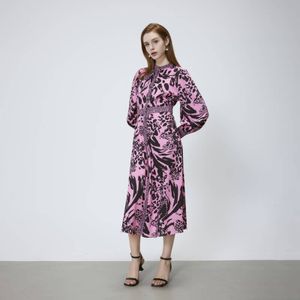 Pink Placket Long Sleeve Bohemian Midi Dress
