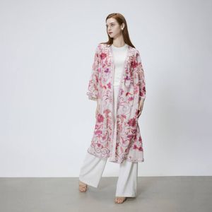 Floral Print Metallic Embroidery Open Front Dress