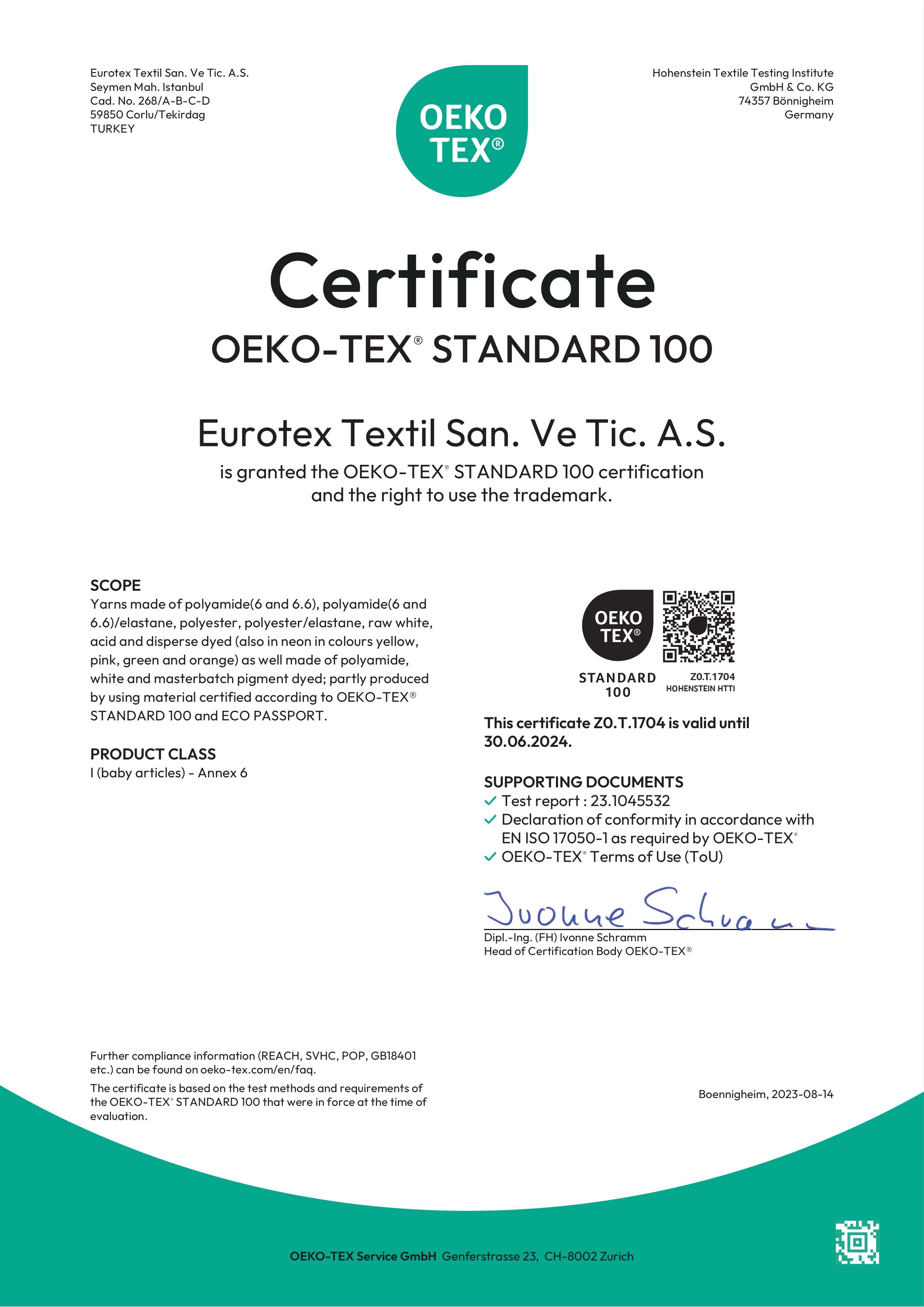 OEKO-TEX Standard 100 Certificate