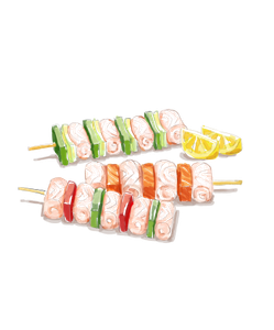 Marinated Vegetable and Fish Skewer