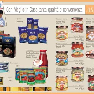 Various food products including pasta, sauces, canned goods, and rice