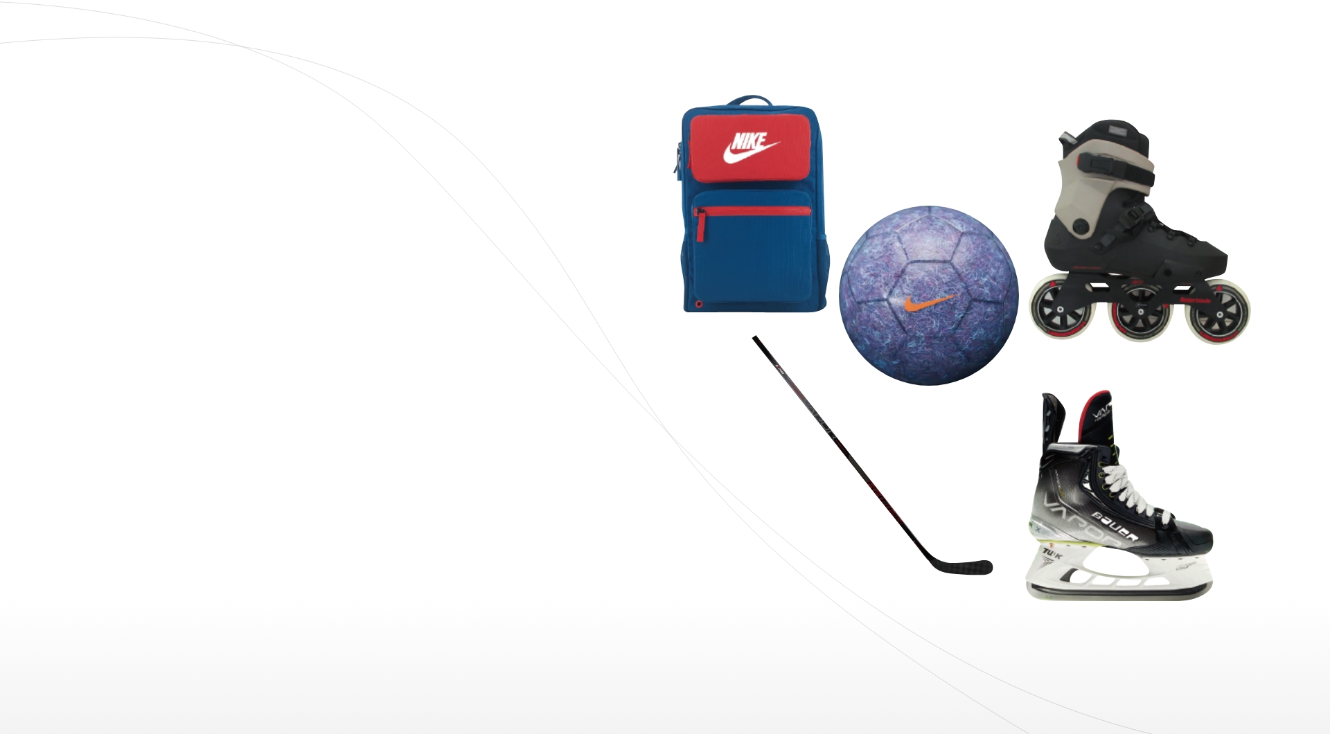 sports shoes, casual shoes, sandals, rollerblades, skate shoes, snow boots, cycling shoes, golf balls, helmets, and protective equipment
