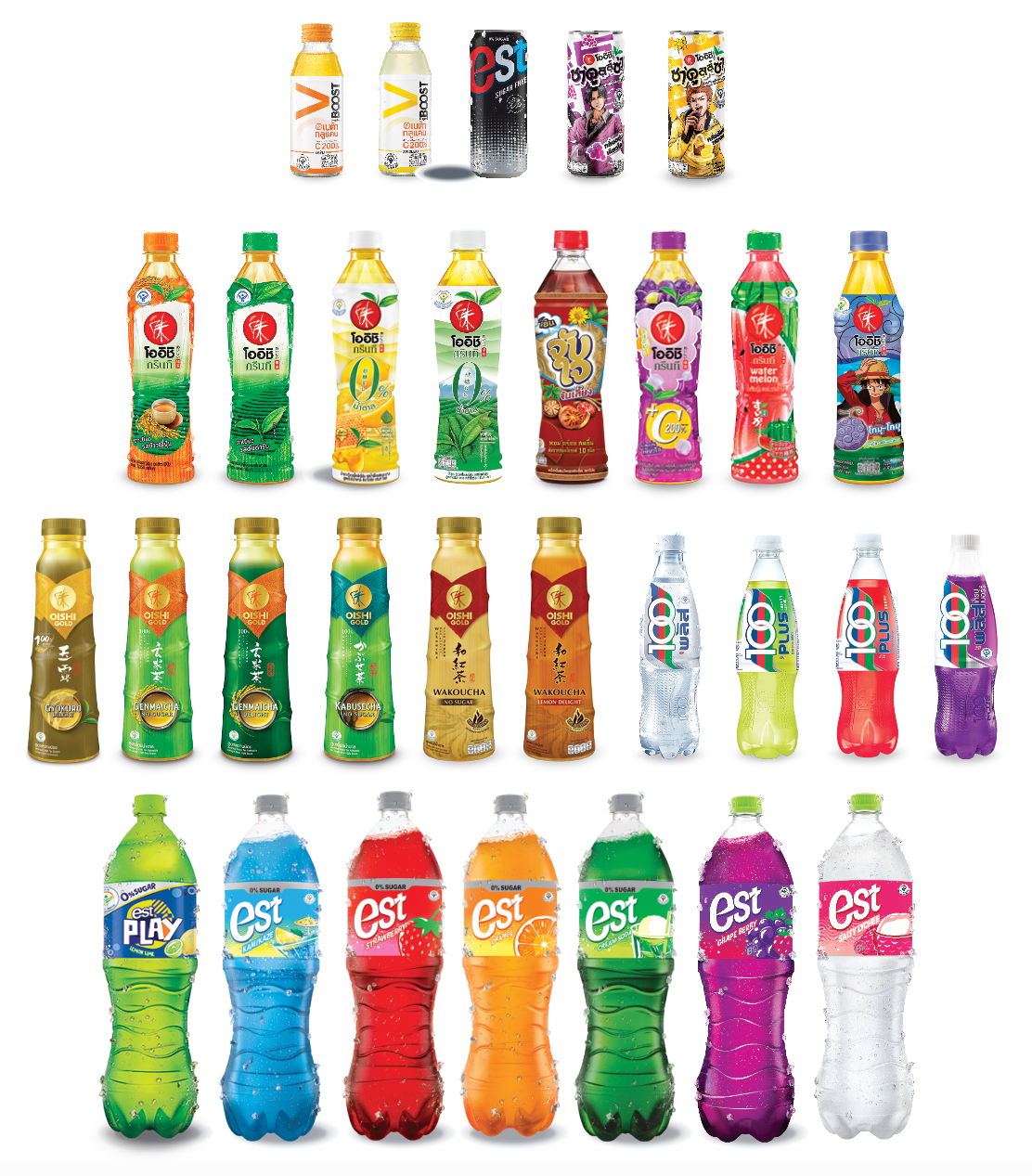 Oishi Green Tea, est soft drinks, 100 Plus