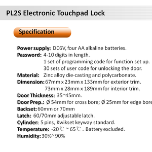 PL2S Electronic Touchpad Lock