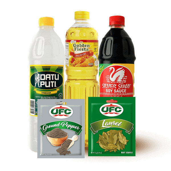 Datu Puti Vinegar, Golden Fiesta Palm Oil, Silver Swan Soy Sauce, UFC Ground Pepper, UFC Laurel