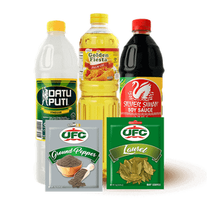 Datu Puti Vinegar, Golden Fiesta Palm Oil, Silver Swan Soy Sauce, UFC Ground Pepper, UFC Laurel