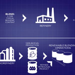 Co-processed product (e.g., 5-10% (typical) renewable diesel, sustainable aviation fuel)