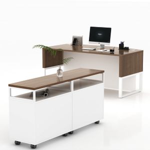 Luxury L Shape Executive Office Desk with 3-tier Bookshelf 2-Drawer and 1-Door Side Cabinet for CEO Executive Table