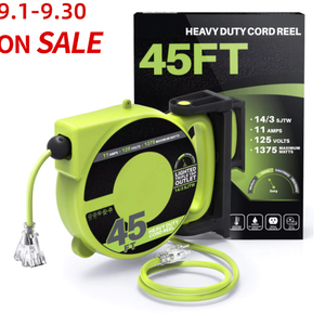 40 FT 12AWG Triple Outlet Electric Cord Reel with Light Indicator Circuit Breaker Wall Mount Retractable Extension Cord Reel