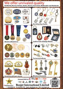 Belt Buckles, Zinc Alloy Key Chains, Medals & Medallions, Leather Fobs & Badge Wallets, Souvenir Coins, Tie bars & Cufflinks, Brooches with gem stones, Miniature Souvenirs