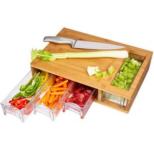 Kitchen Accessories Natural Wood Vegetable Chopper Multifunction Storage Bamboo Cutting Board With Plastic 4 Tray Drawers