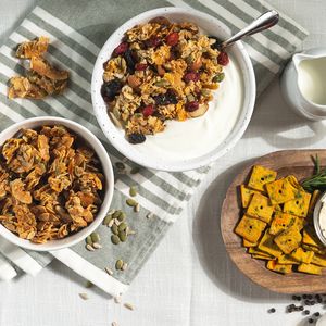 Coconut Clusters with Dark Chocolate, Keto Grain-Free Granola, and Garden Crisp Crackers