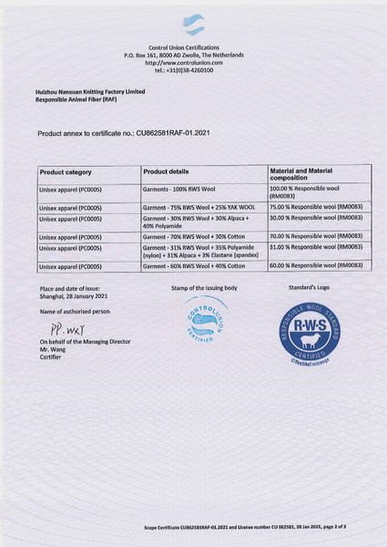 Garments - 100% RWS Wool