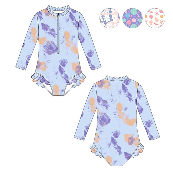 Girls Swimsuit Ruffle Beachwear Bathing Suit  UPF50 Long Sleeve Sunscreen One Piece Kid Swimwear