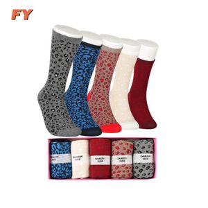 Bulk Custom Women Cotton Leopard Pattern Crew Knit Socks Gift Box Set Branded Luxury Unisex Tube Socks Stocklot Dropshipping
